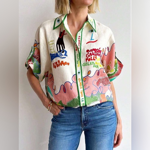 Linen Graffiti Shirt, Single-Breasted Multi-Button - Picture 1 of 4